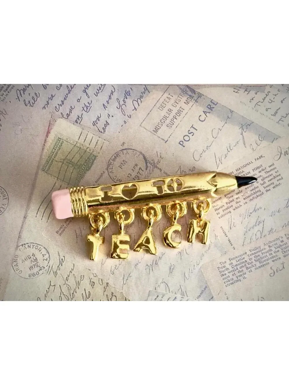 Vintage “I <3 TEACH” Gold-Tone Pencil Brooch with Dangling Letters